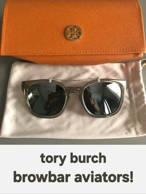 Tory Burch Metal Browbar Aviator Sunglasses - Orange Logo Case